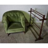 Vintage Buttonback Tub Armchair, Upholstered in Later Green Velour, Raised on Mahogany Feet with