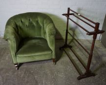 Vintage Buttonback Tub Armchair, Upholstered in Later Green Velour, Raised on Mahogany Feet with