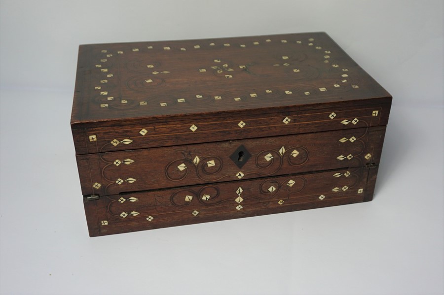 Indian Style Rosewood and Bone Inlaid Portable Writing Box, circa late 19th century, Enclosing a