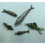 Five White Metal and Enamel Pendants, Modelled as Articulated Fish, 3.5cm, 6cm, 9cm long, (5)