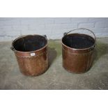 Two Victorian Copper Cylindrical Pails, Having Brass Swing Handles, 31cm High, 36cm Wide, (2)