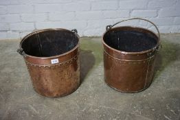 Two Victorian Copper Cylindrical Pails, Having Brass Swing Handles, 31cm High, 36cm Wide, (2)