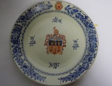 Two Pseudo Chinese Armorial Pottery Plates, Decorated with a Blue Foliate Border on a White