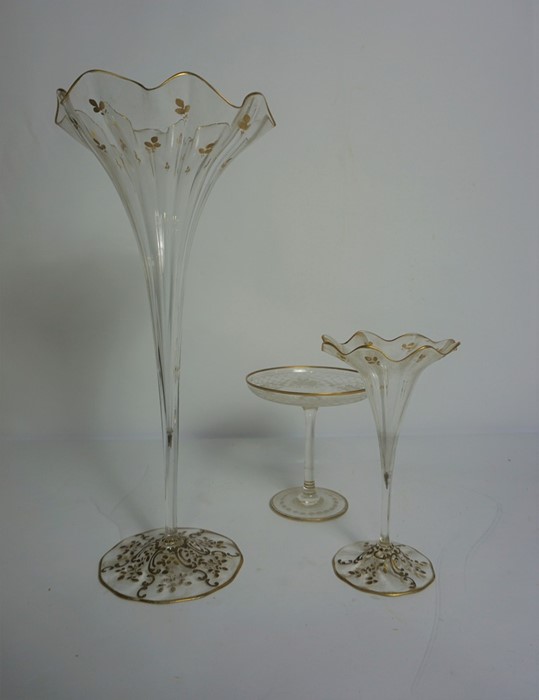Part Set of Glass Posy Vases, circa early 20th century, Having Gilded Decoration, 15cm, 29cm high,