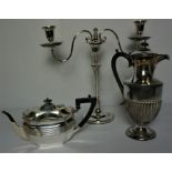 Quantity of Silver Plated Wares, To include a two sconce Candleabra, Three Piece Tea Service, Cake