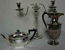 Quantity of Silver Plated Wares, To include a two sconce Candleabra, Three Piece Tea Service, Cake