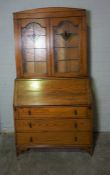 Oak Bureau Bookcase, circa 1930s / 40s, Having two Stained Leaded Glass Doors, Above a Fall Front