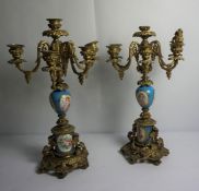 Pair of Sevres Style Porcelain and Gilt Candleabra, circa 19th century, Having five Scroll