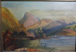 Scottish School "Loch Katrine" "Dunderaud Castle" Pair of Oils on Canvas, 21cm x 32cm, Gilt