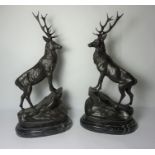 Pair of Large Bronze Figures of Stags, "Monarch of the Glen" Raised on Veined Marble style Bases,
