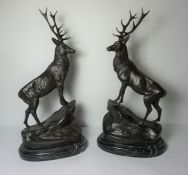 Pair of Large Bronze Figures of Stags, "Monarch of the Glen" Raised on Veined Marble style Bases,