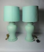 Pair of Modern Turquoise Painted Table Lamps, With Shades, 40cm high, Fitted for Electricity, (2)