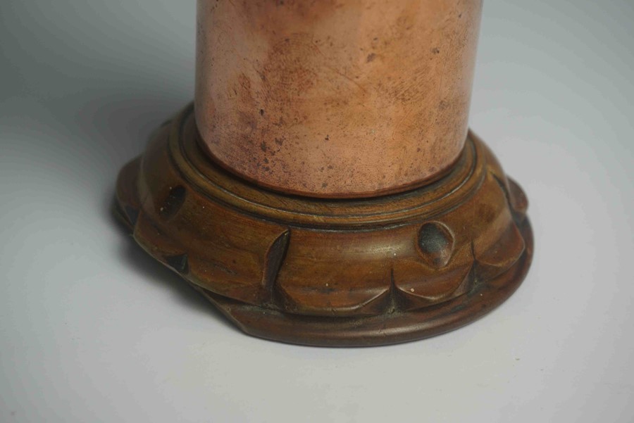 Copper Coin Bank, Modelled as a Post Box, Raised on a Wooden stand, 14cm high - Image 2 of 3