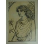 British School "Portrait of a Female" Pen and Ink Drawing, Pre Raphaelite Style, Signed JC to