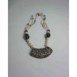 Silver and Pearl Strand Necklace, Decorated with Multiple Graduated Pearls and Citrine style Stones,