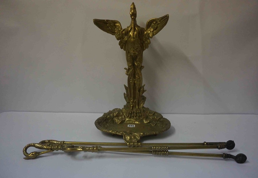 Brass Companion Stand, Modelled as an Eagle, 53cm high, Also with two Brass Fire Irons, (3)