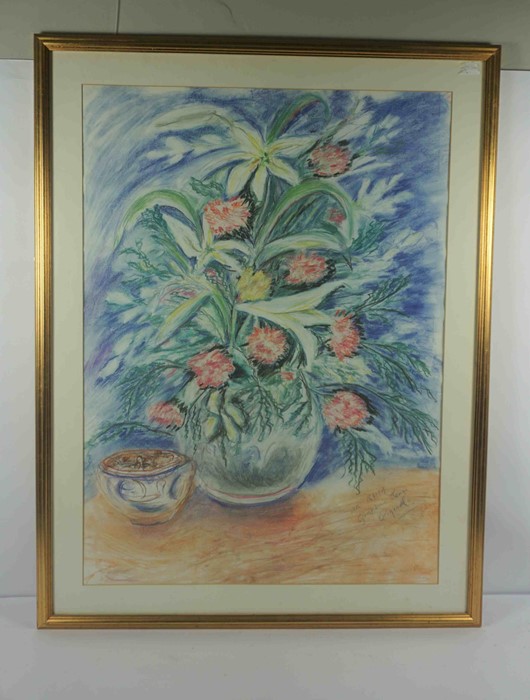 Jean Waterhouse (British) "Still Life of Flowers in a Vase" Mixed Media, 79cm x 57cm, Signed Grandma - Image 3 of 3