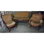 Ercol Style Three Piece Lounge Suite, Sofa 82cm high, 157cm wide, (3)