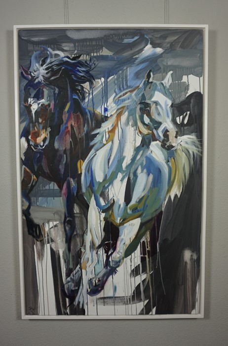 Ian Whyte (Scottish, B.1957), Wild Horses 2, oil on canvas, initials lower left, name and title to - Image 2 of 5