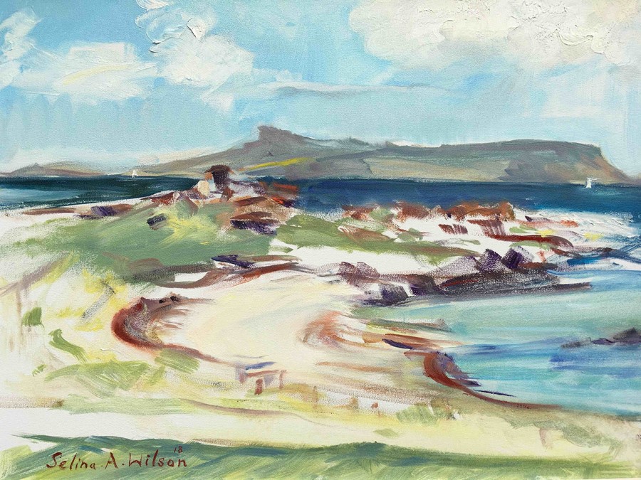 Selina Wilson (British, B.1986), Traigh beach, looking towards Eigg, oil on canvas, signed to