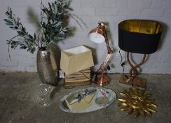 Two Boxes of Assorted Lamps and Glass, To include an Angle poise Lamp and Table Lamps etc