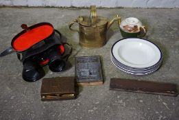 Box of Sundries, To include a pair of Binoculars, Printing Blocks, Sylvac Figures, Picture Plates