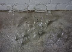 Box of Glass Wares, To include Water Jugs, Etched Tumblers etc