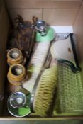 Box of Collectables, To include two Silver Backed Brushes, Moorcroft style Mantel Clock etc