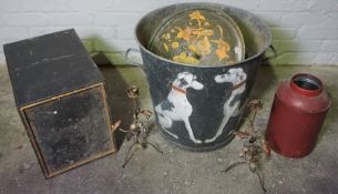 Lot of Metal Wares, To include Copper Pans, Assam Metal Tea Box, Jacksons Tea Urn etc