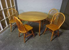 G-Plan Style Circular Dining Table, 72cm high, 122cm wide, Also with a set of four Pine Chairs, (5)