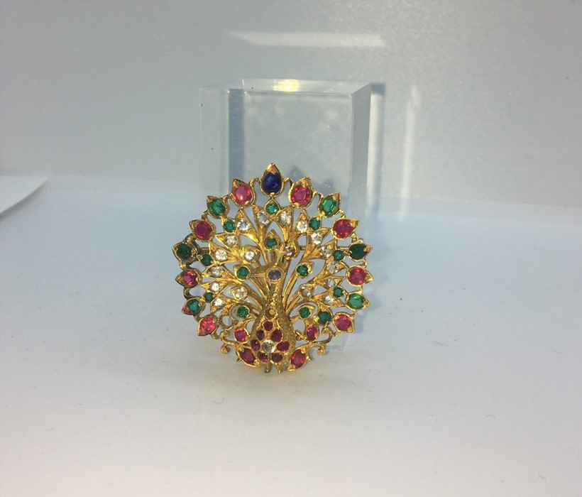 18ct Gold Ruby, Sapphire, Emerald and Diamond Indian Peacock Brooch, Set with approximately 40 - Image 2 of 3