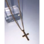9ct Gold and Gemstone Ladies Cross Pendant, On a 9ct Gold Chain, The Pendant set with 11 small