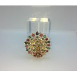 18ct Gold Ruby, Sapphire, Emerald and Diamond Indian Peacock Brooch, Set with approximately 40