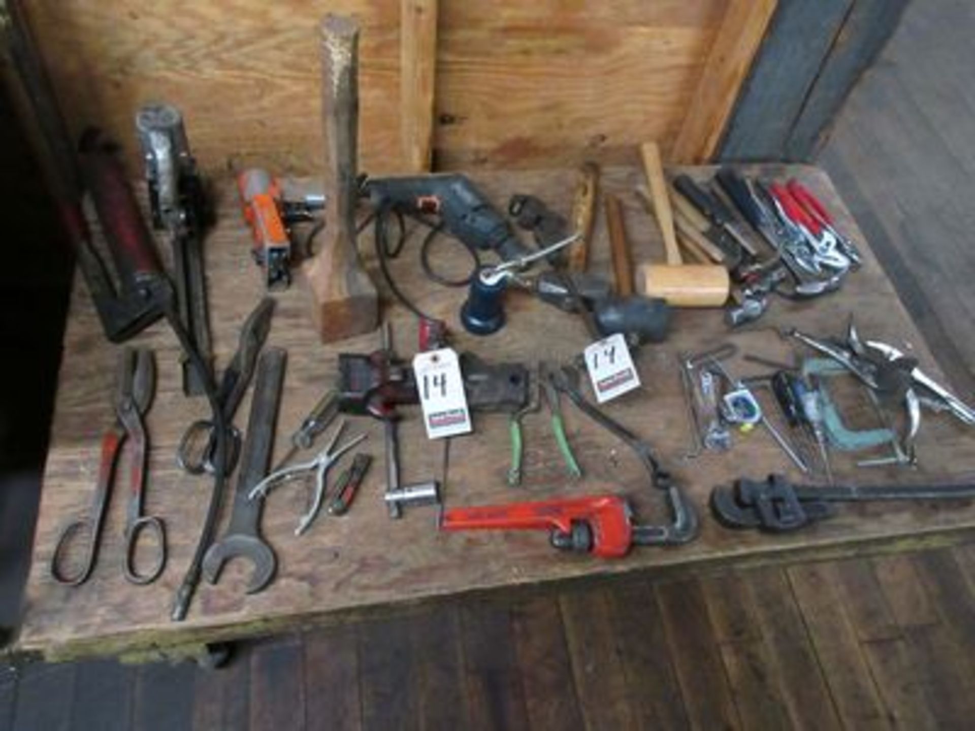 LOT OF ASS'T HAMMERS, PIPE WRENCHES, PLIERS, ETC.