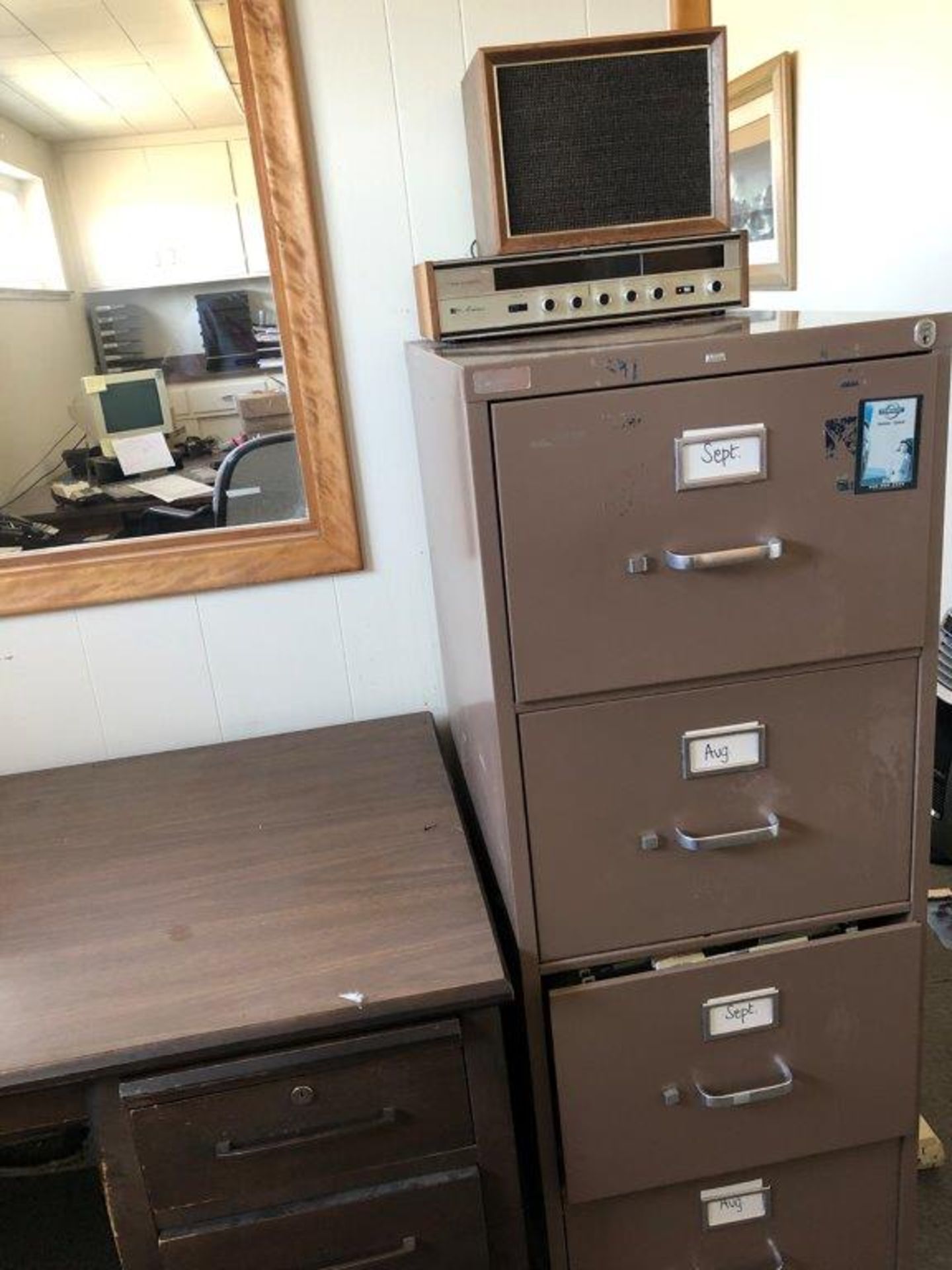 Lot of (2) Desks, Floor Mat, File Cabinet & Stereo Reciever W/Speaker - Image 7 of 9