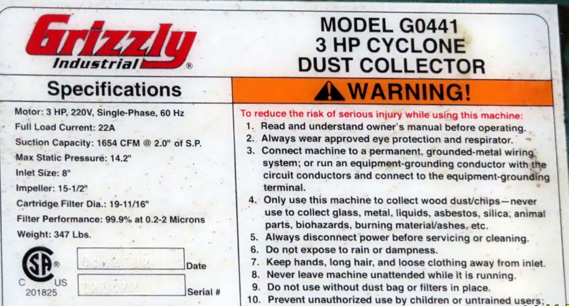 Grizzly Cyclone Dust Collector - Image 6 of 6