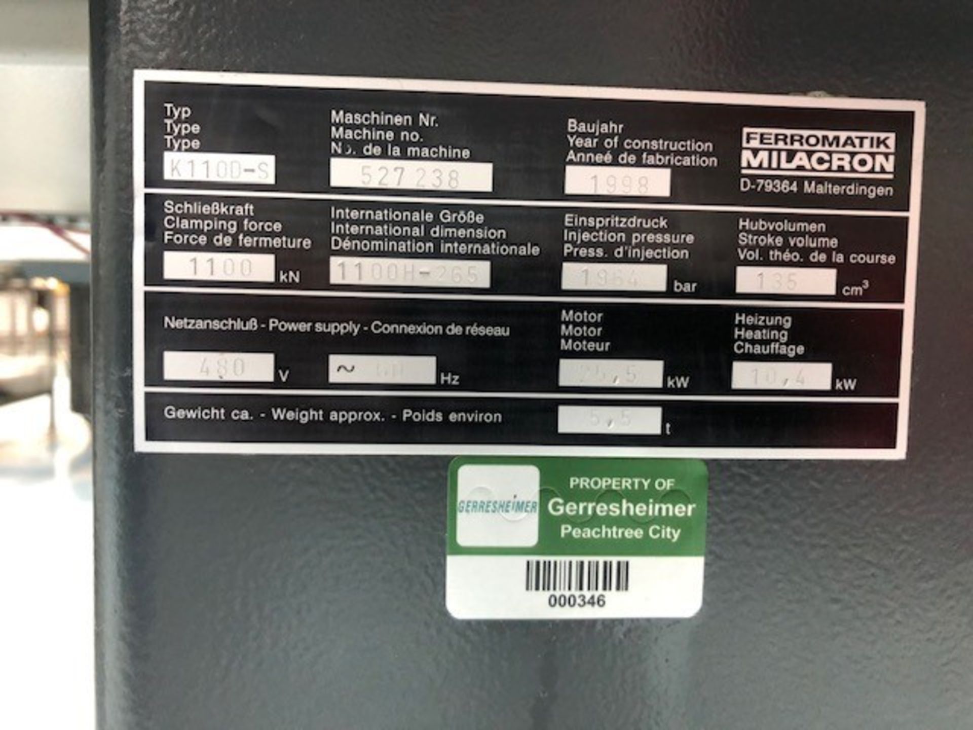 123 Ton, 4.3 oz, Ferromatik Milacron Injection Molding Machine (1998) - Image 6 of 6