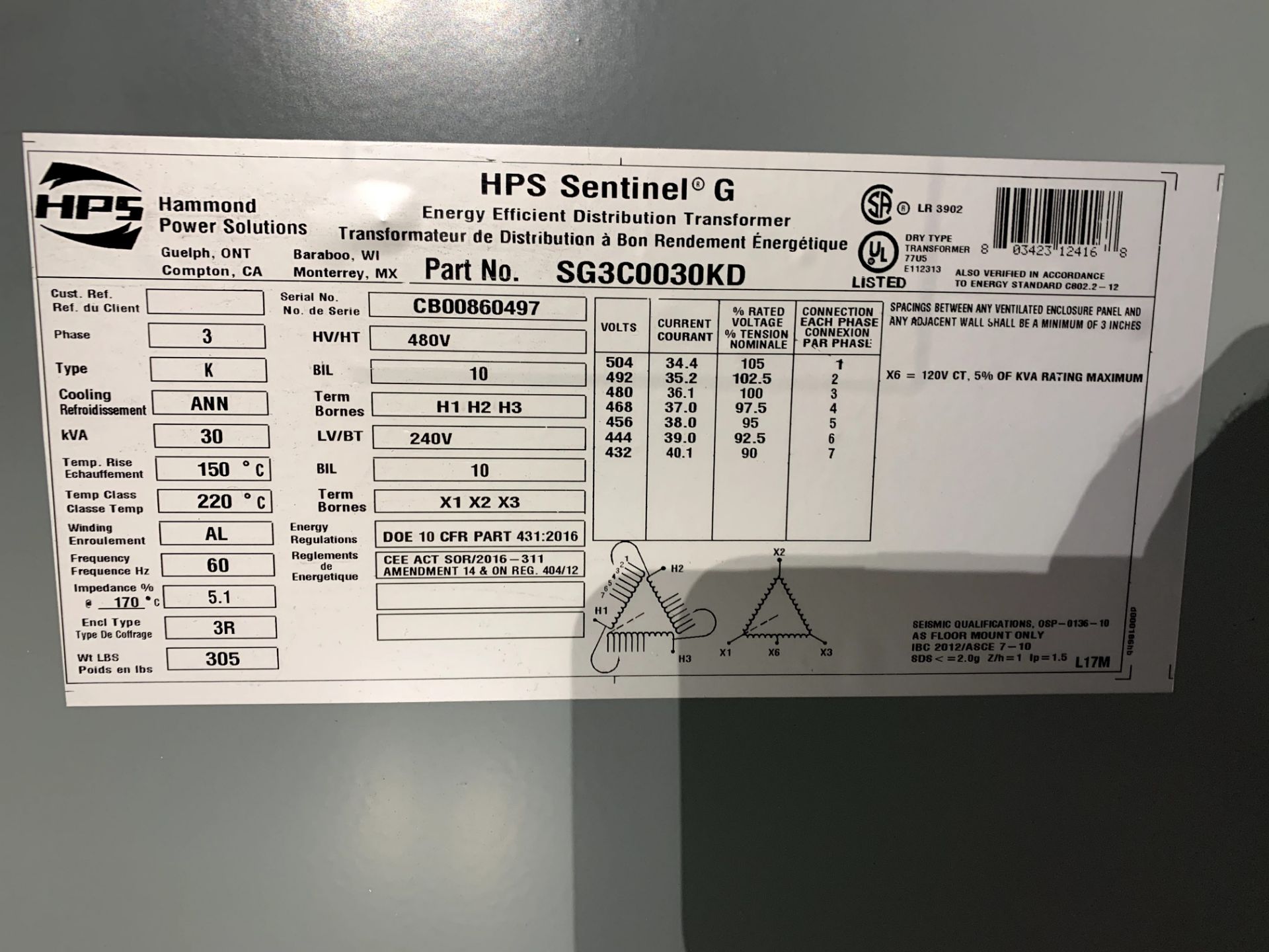 HPS 30 KVA Transformer: 480-240V 3 Phase - Image 2 of 2