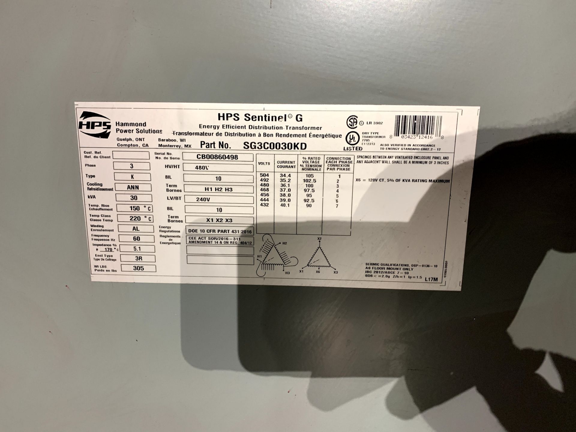 HPS 30 KVA Transformer: 480-240V 3 Phase - Image 2 of 2