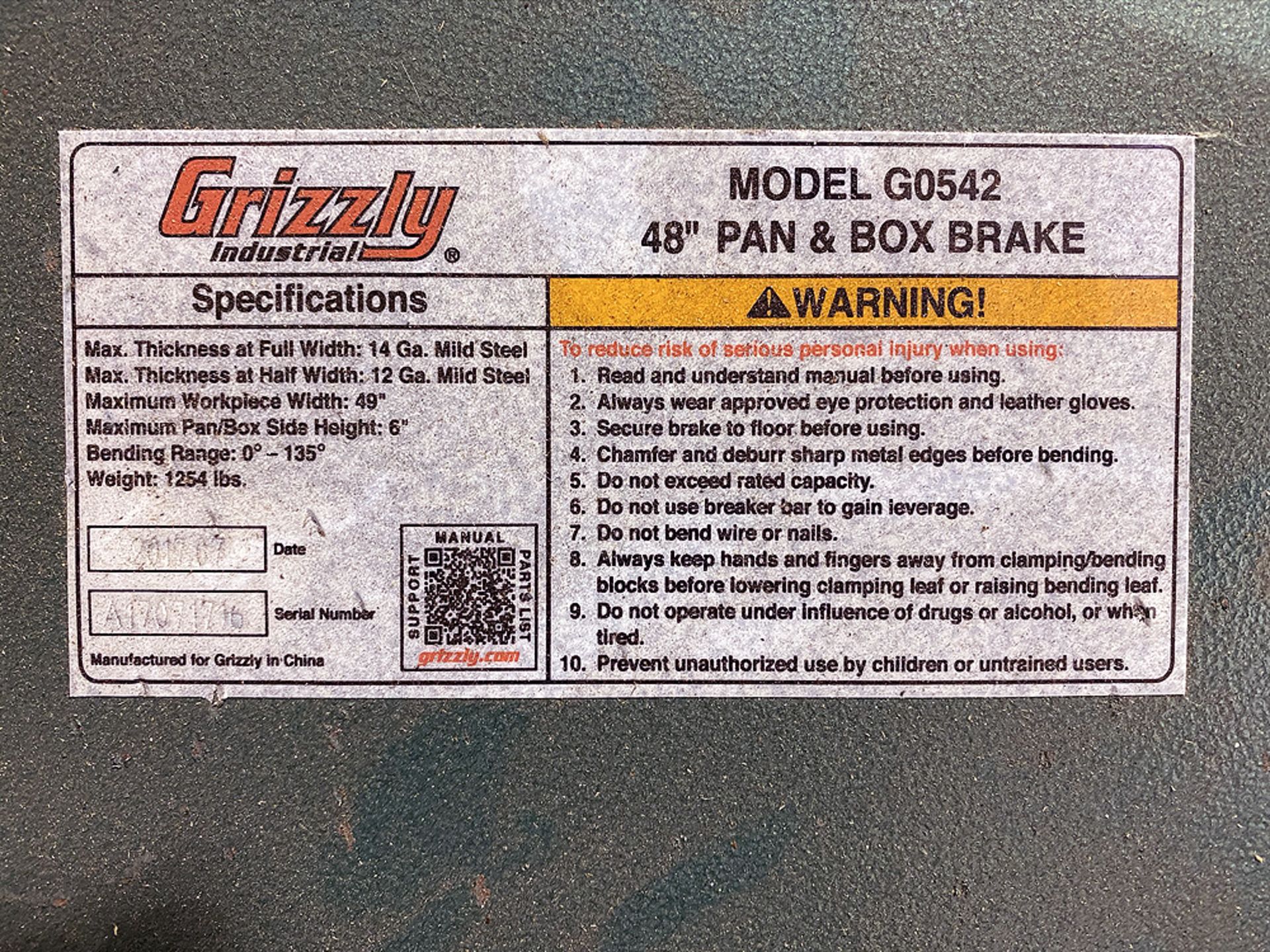 Grizzly G0542 48" Pan and Box Brake, 12 Ga. - Image 4 of 4