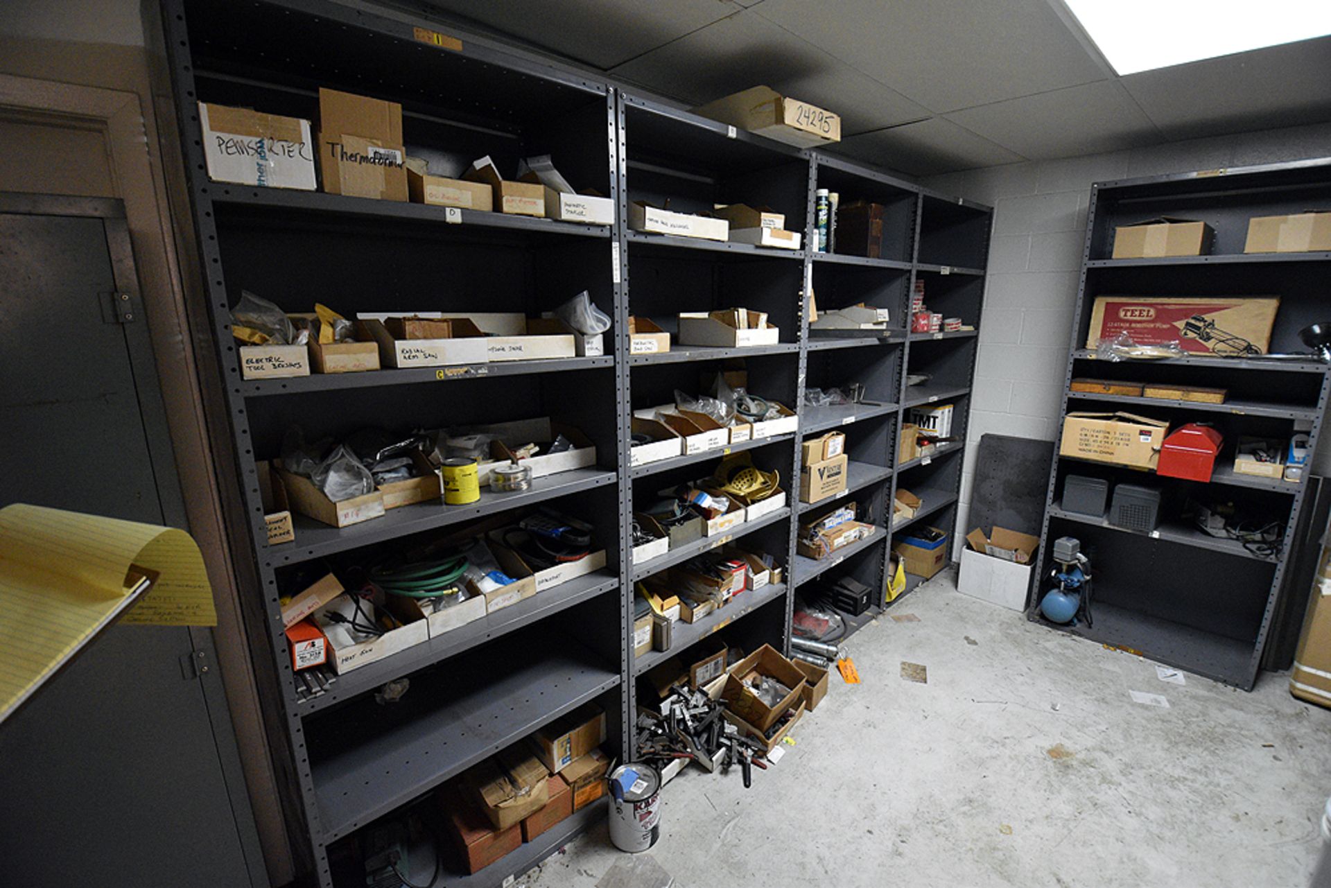 Shelving & 2 Door Storage Cabinet w/ Contents: Portable Air Compressor, Tool Boxes, Pump etc
