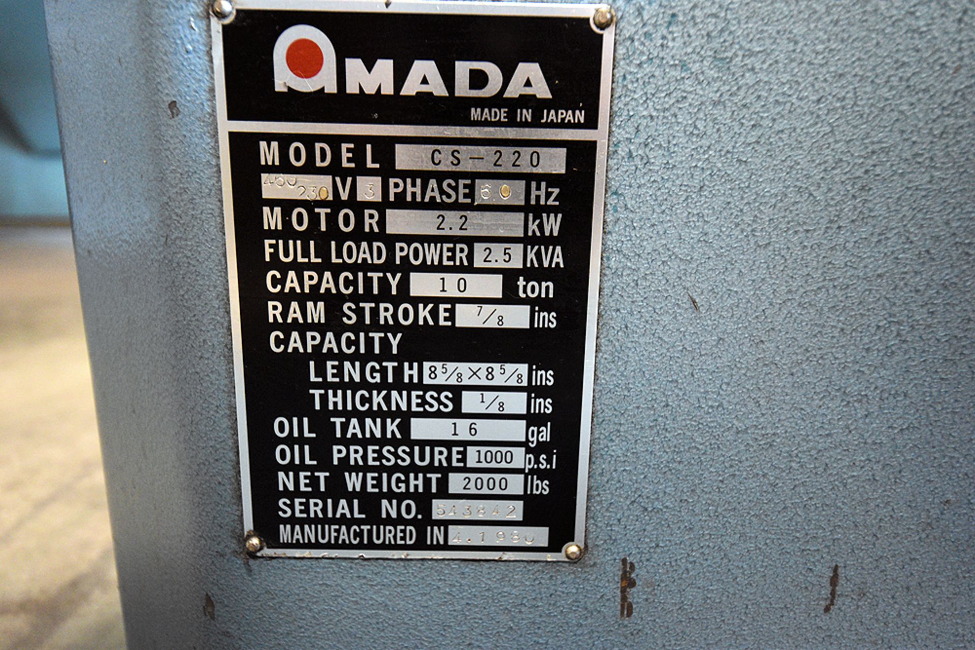 Amada model CS-220 hydraulic corner notcher, s/n 543842 (4/1980) - Image 4 of 4