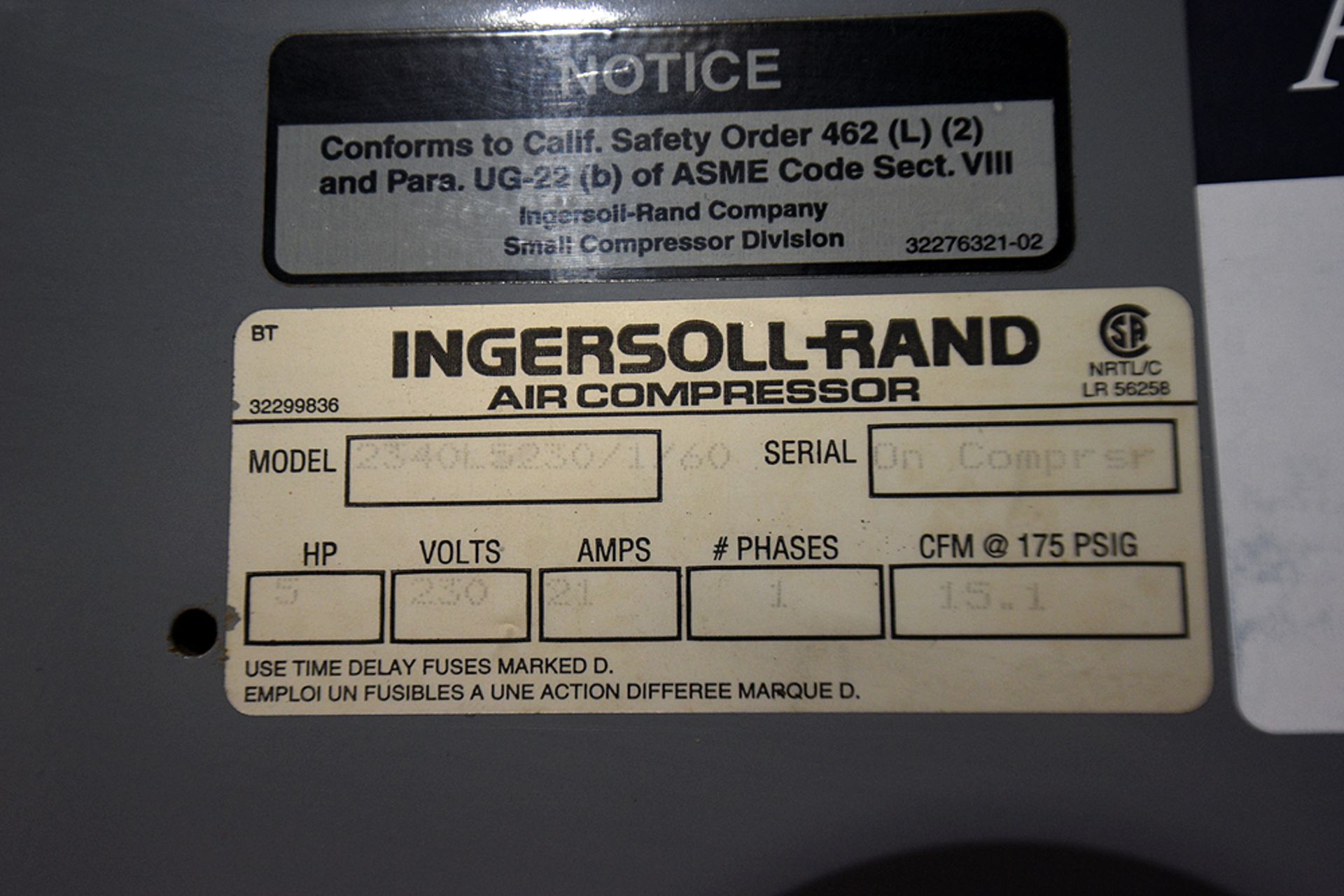 Ingersoll-Rand T30 air compressor, s/n T30-837536 - Image 4 of 5