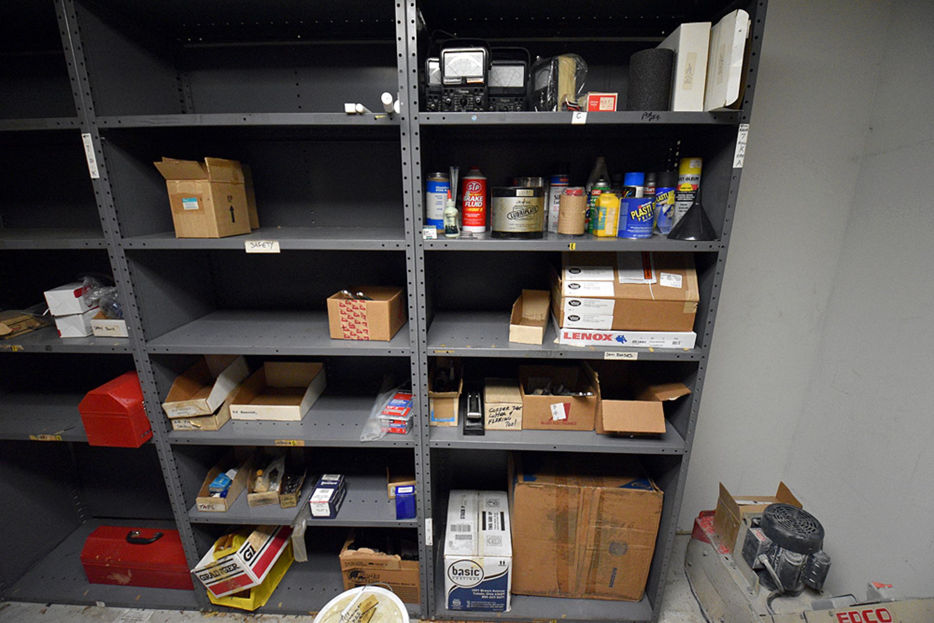 Shelving & 2 Door Storage Cabinet w/ Contents: Portable Air Compressor, Tool Boxes, Pump etc - Image 7 of 10