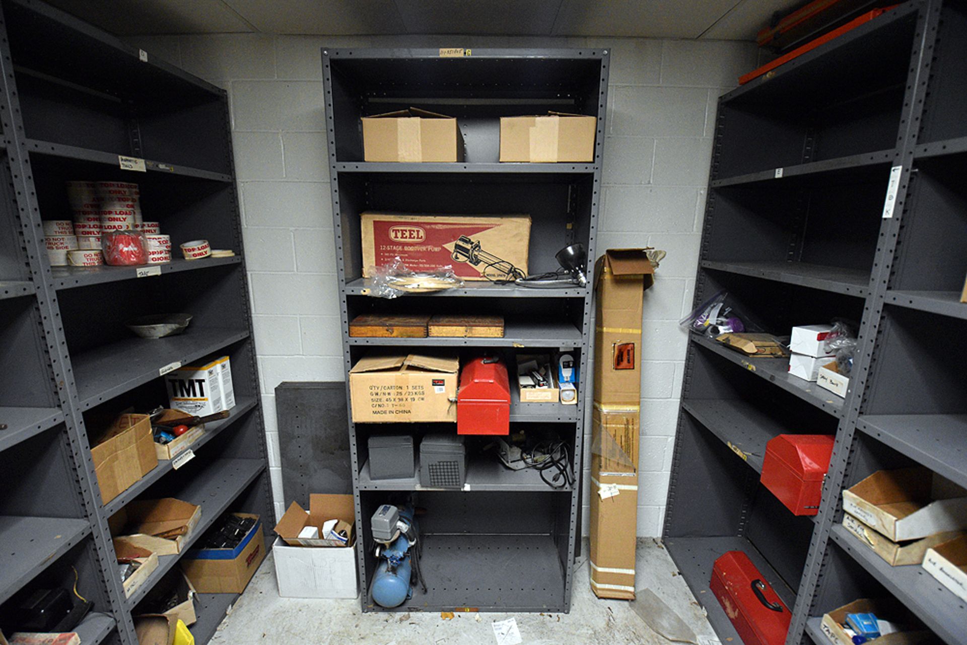 Shelving & 2 Door Storage Cabinet w/ Contents: Portable Air Compressor, Tool Boxes, Pump etc - Image 8 of 10