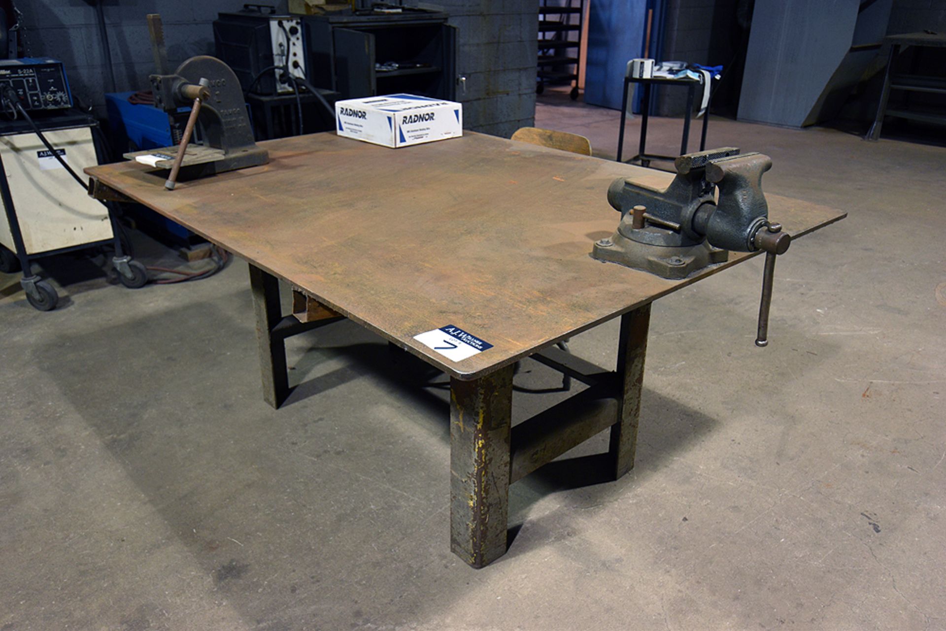 Steel welding table, 48” x 66” x ½”, w/ 5” vise
