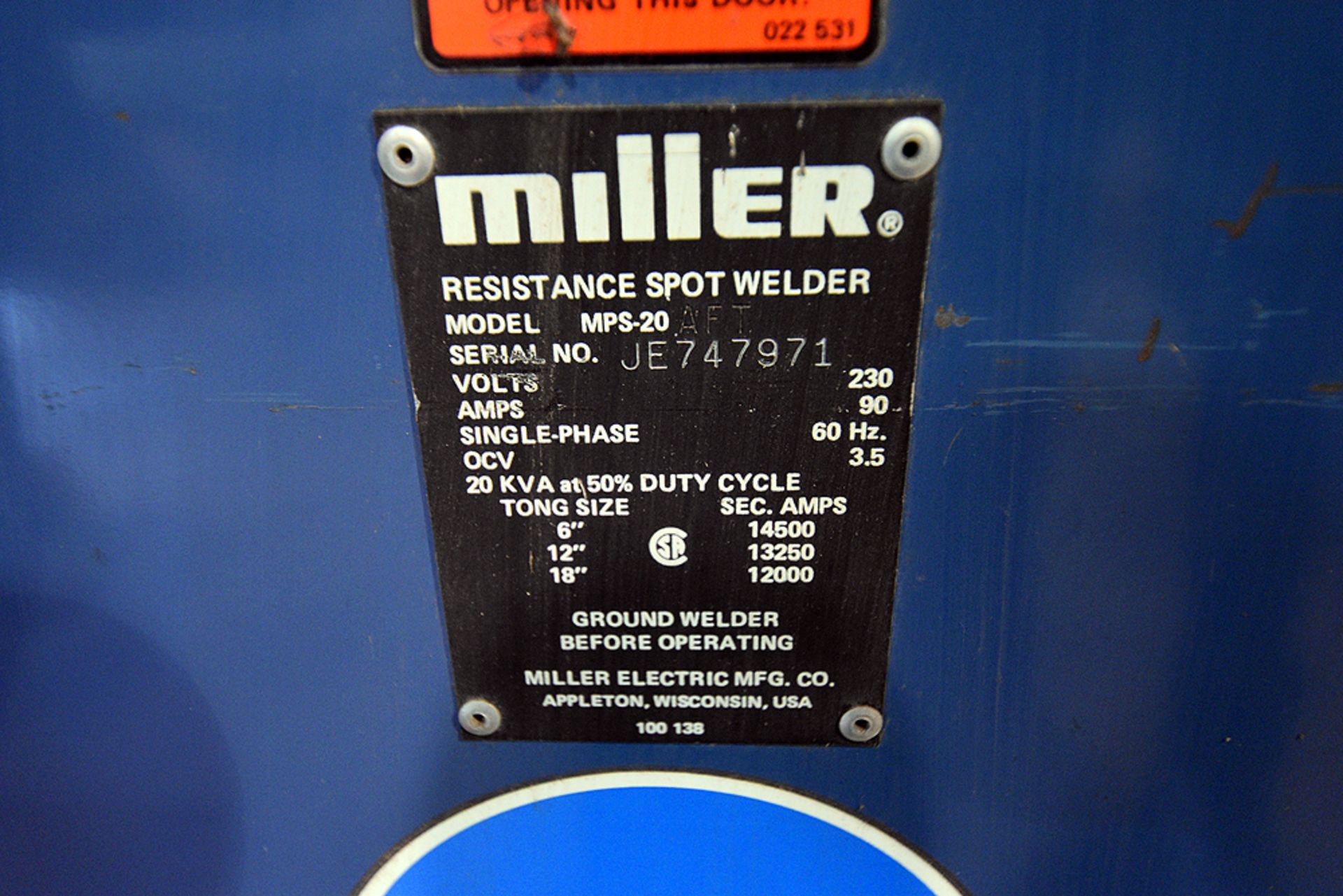 Miller model MPS-20 resistance spot welder, s/n JE747971 - Image 3 of 5