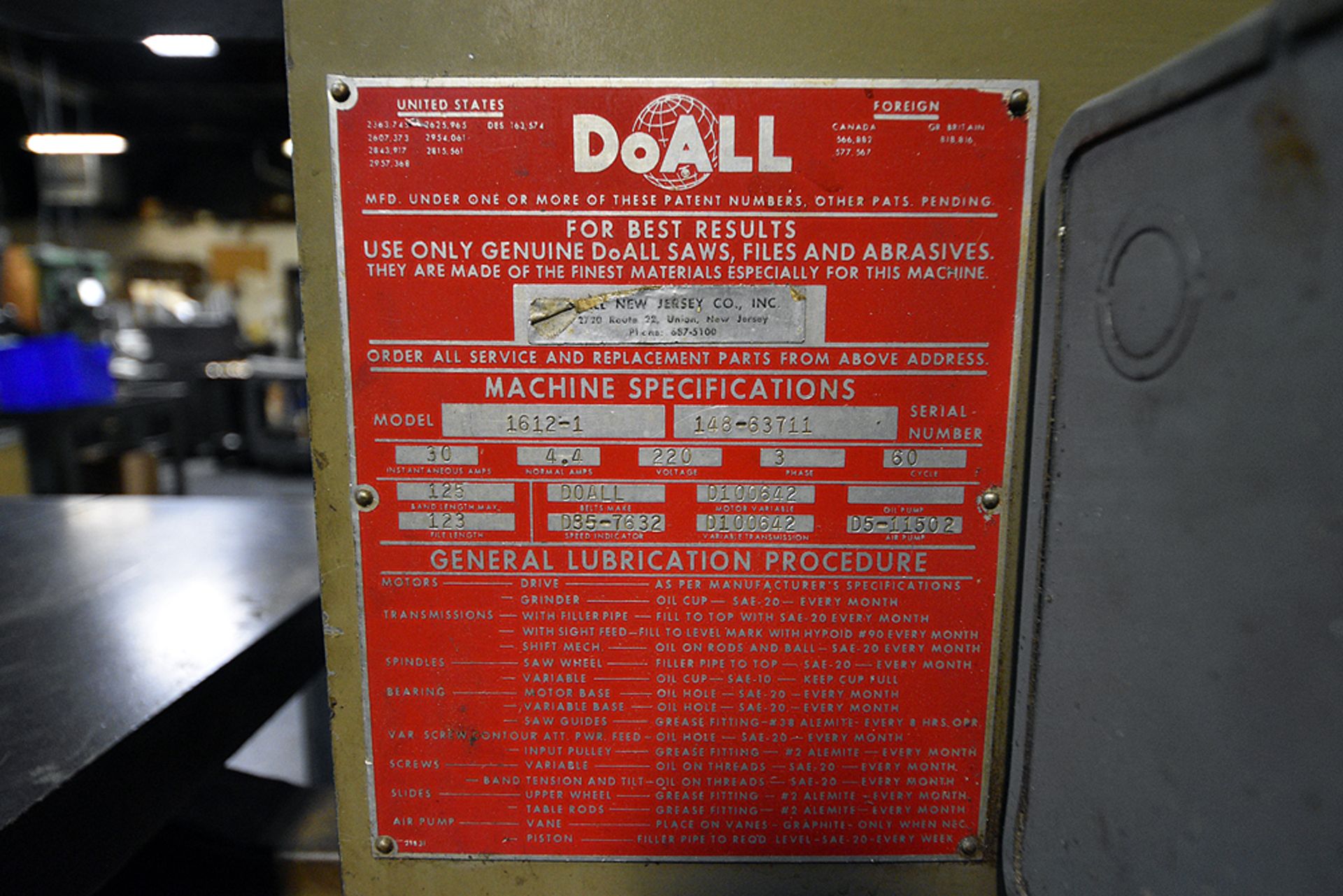 Do-All 1612-1 Vertical Band Saw 16" Throat , s/n 148-63711 - Image 6 of 6