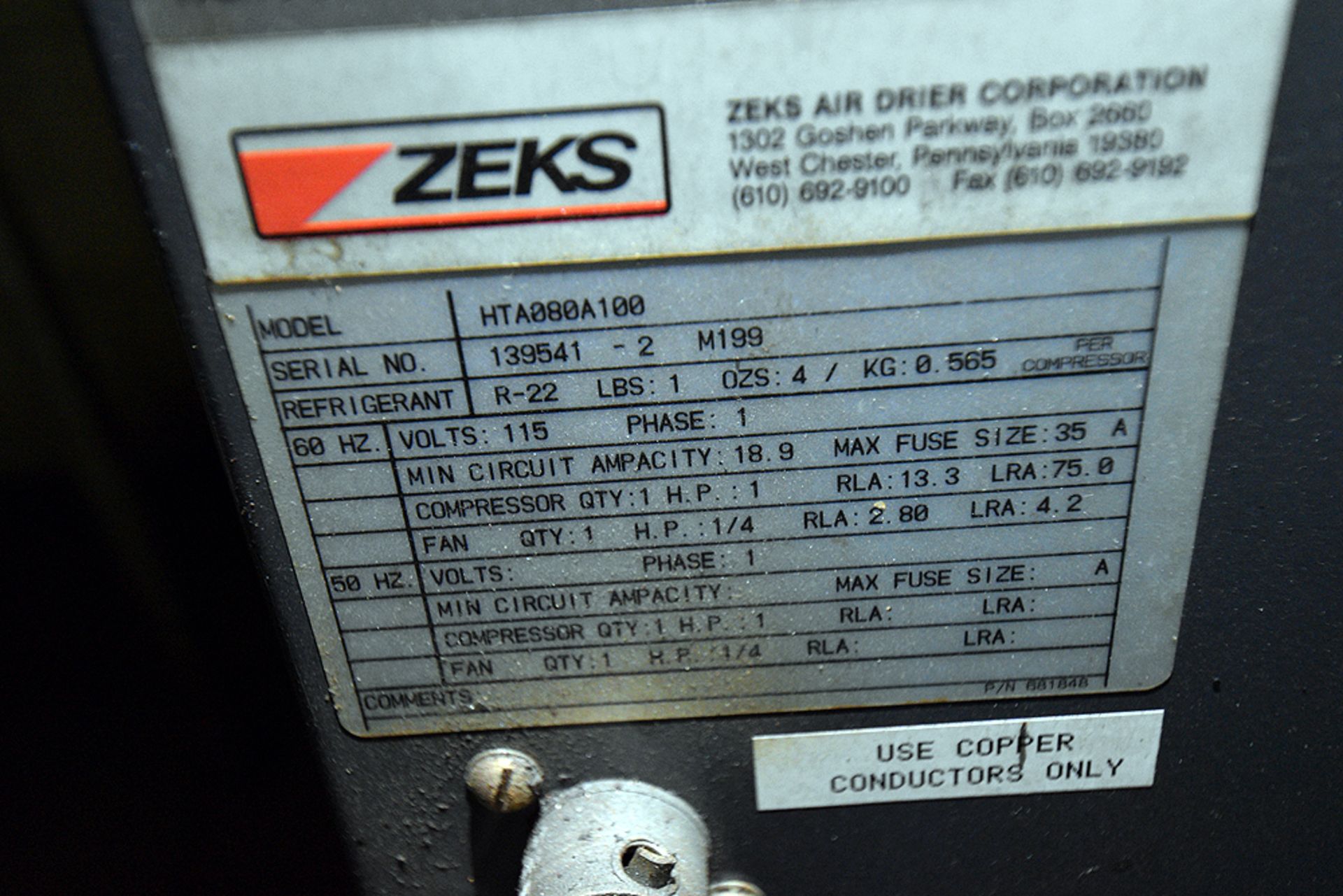 ZEKS Model: HTA080A100 AIr Dryer - Image 3 of 3