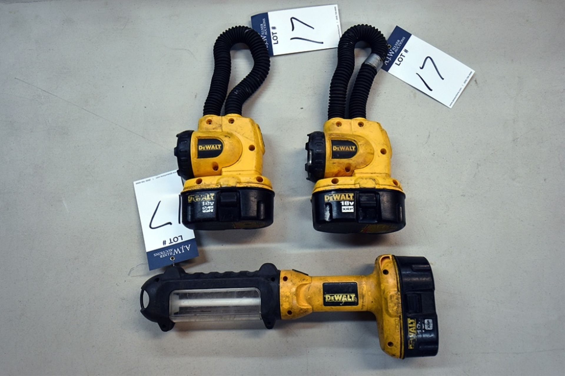 Ass't DeWalt Work Lights: (2) DeWalt DW919 18v Rechargeable Light and (1) DeWalt DC527 Fluorescent A